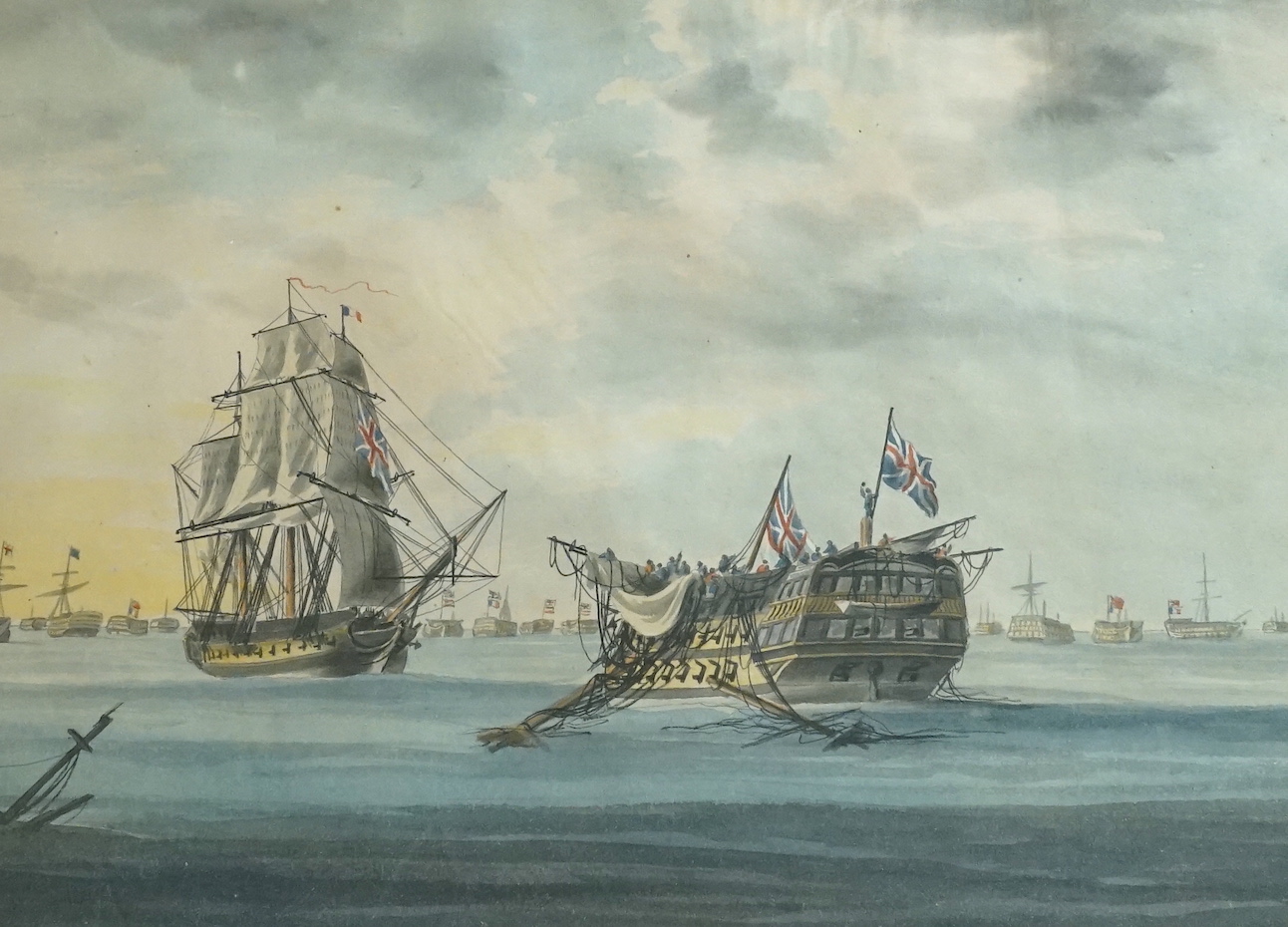 Samuel Atkins (fl.1765-1808), ink and watercolour, Shipping after the Battle of Trafalgar, HMS Victory receiving first tow', 24 x 32cm